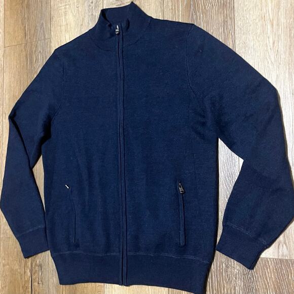 Joseph Abboud Merino Wool Blend Full Zip Sweater Mock Neck L Blue Pockets Preppy - Picture 2 of 5